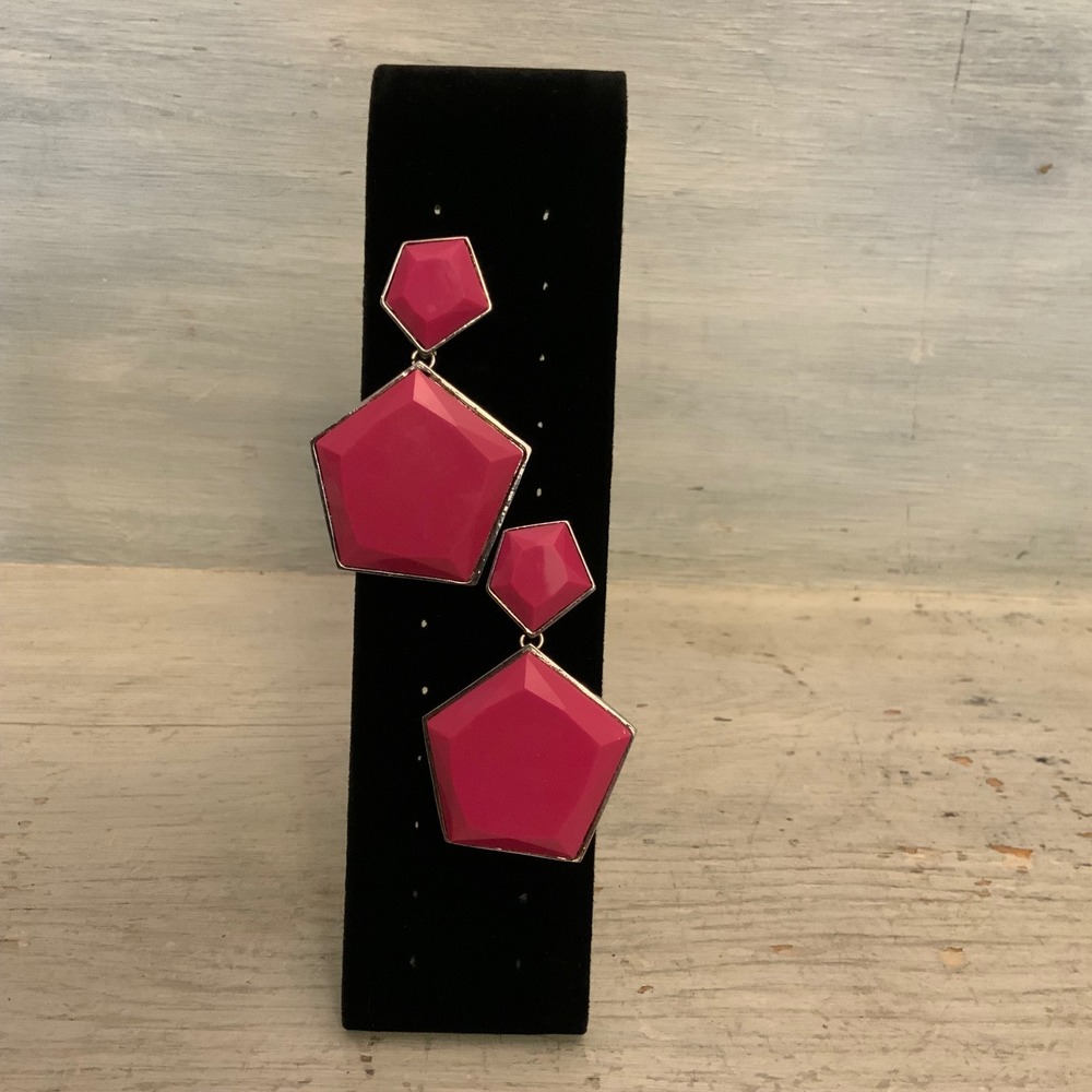 Geometric Oversized Fuchsia Silver Tone Faceted Dangling Earrings 3" GC‎